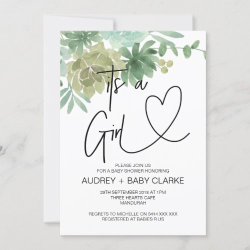 Its a Girl Baby Shower Party Green Succulents Invitation