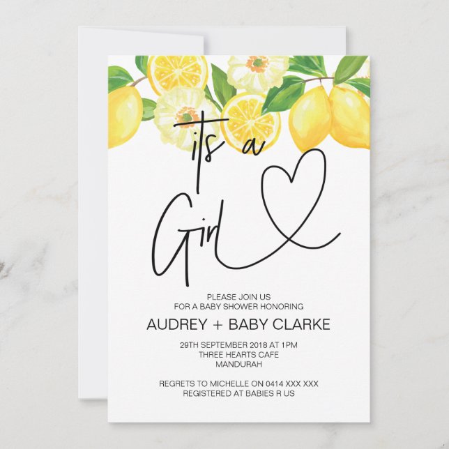 It's a Girl Baby Shower Party Summer Lemon Invitation (Front)