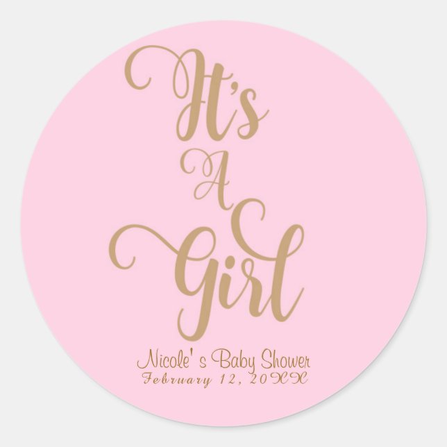 It's A Girl Baby Shower Pink & Gold Custom Favor Classic Round Sticker (Front)