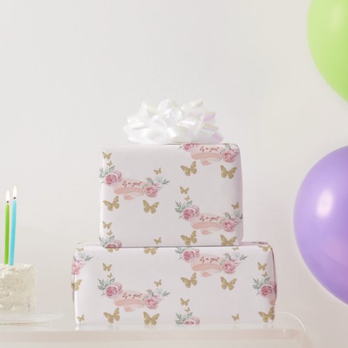 Its a Girl Baby Shower Pink Roses and Butterflies Wrapping Paper