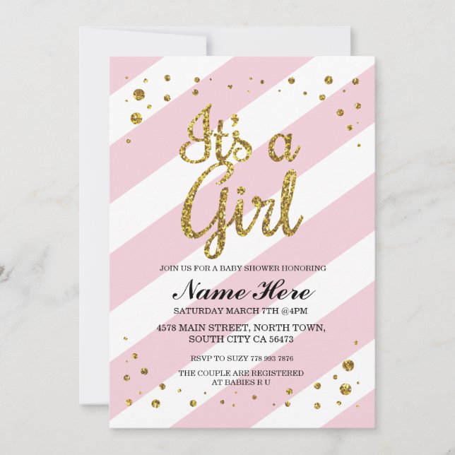 It's a Girl Baby Shower Pink Stripe Gold Invite (Front)