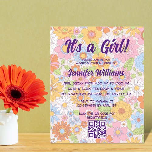 its a girl baby shower retro floral invitation 