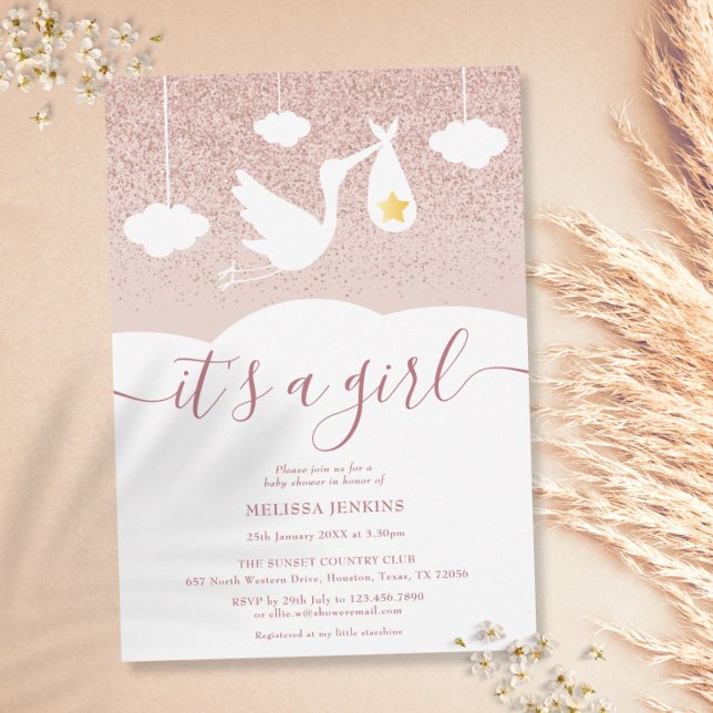 It's a Girl Baby Shower Stork Rose Gold Glitter Invitation
