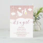 It's a Girl Baby Shower Stork Rose Gold Glitter Invitation (Standing Front)