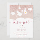 It's a Girl Baby Shower Stork Rose Gold Glitter Invitation (Front)