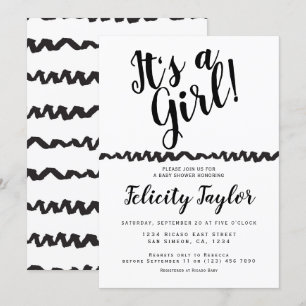 Its A Girl Baby Shower Typography Black White Invitation