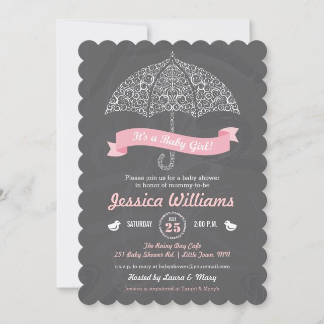 It's a Girl Baby Shower Umbrella Chalkboard Invite (Front)