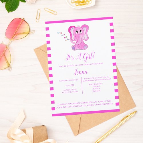 Its A Girl Baby Shower Watercolor Elephant Invitation