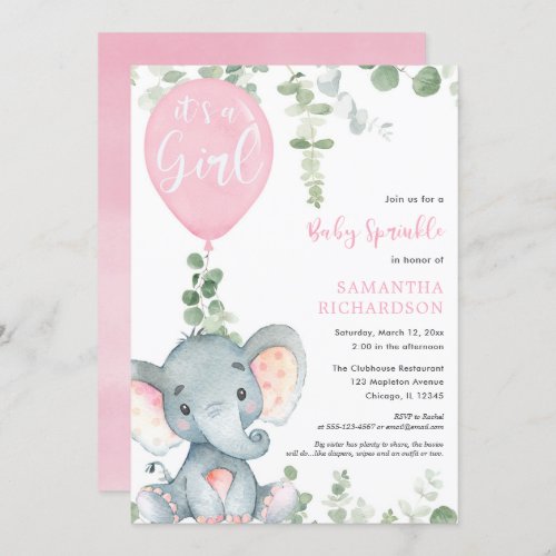 Its a girl baby sprinkle pink elephant balloon invitation