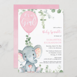 It's a girl baby sprinkle pink elephant balloon invitation