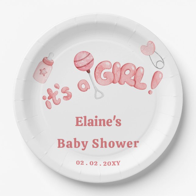 Its a Girl Baby Things Pink Girl Baby Shower Paper Plates (Front)