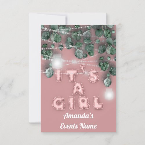 Its a Girl Ballons Eucalyptus Pink Rose Green Invitation