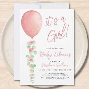 Its A Girl Balloon Eucalyptus Greenery Baby Shower Invitation
