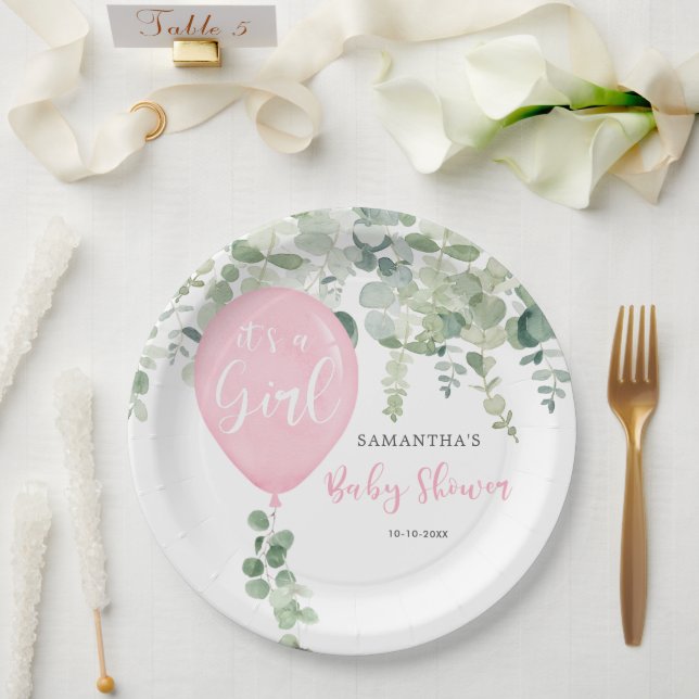 It's a girl balloon girl baby shower greenery paper plates (Wedding)