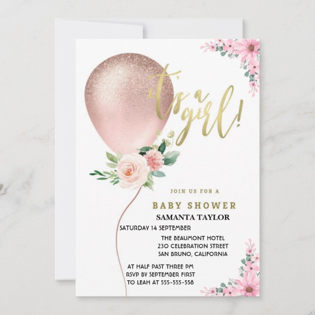 It's A Girl! Balloon Pink Floral Celebration Invitation (Front)