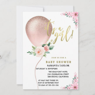 It's A Girl! Balloon Pink Floral Celebration Invitation