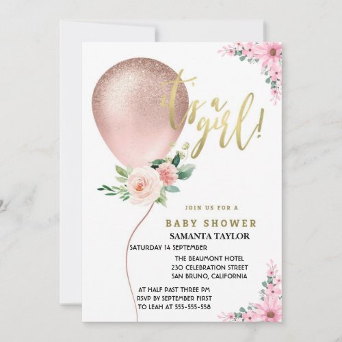 Its A Girl Balloon Pink Floral Celebration Invitation