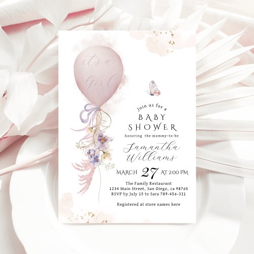 Its a Girl  balloon Wildflower Baby Shower Invitation