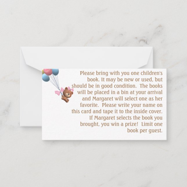 It's a Girl Bear and Balloons Theme Shower Game Note Card (Front)