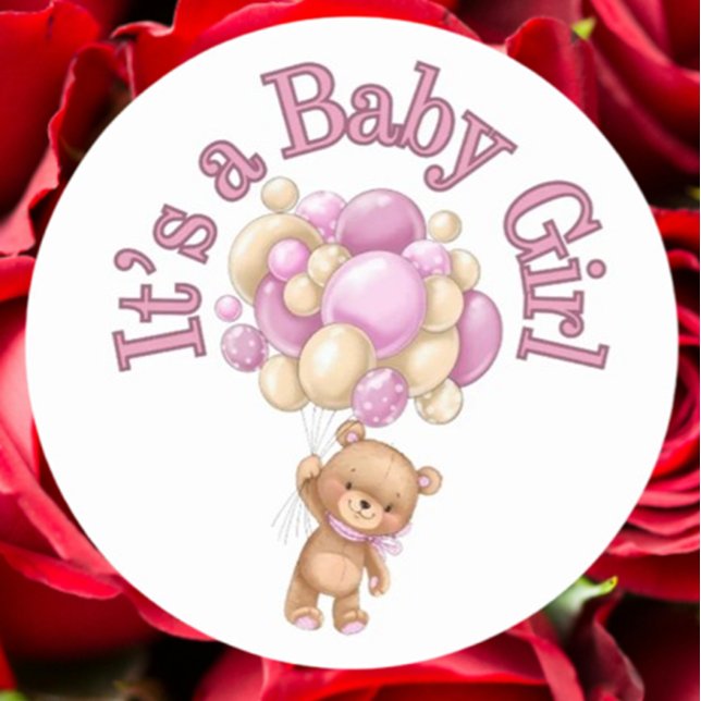 Its a girl Bear Baby Shower  Classic Round Sticker (Celebrate your baby girl’s arrival with this adorable bear baby shower sticker)