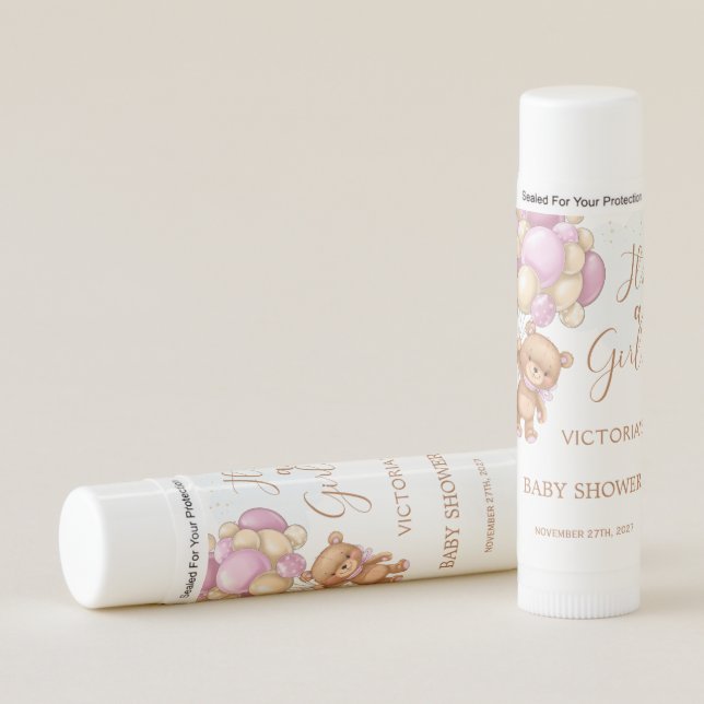 It's a Girl Bear Balloons Baby Shower Lip Balm (Front)