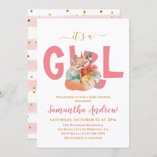 Its a Girl Beautiful Sleepy Fox Baby Shower  Invi Invitation