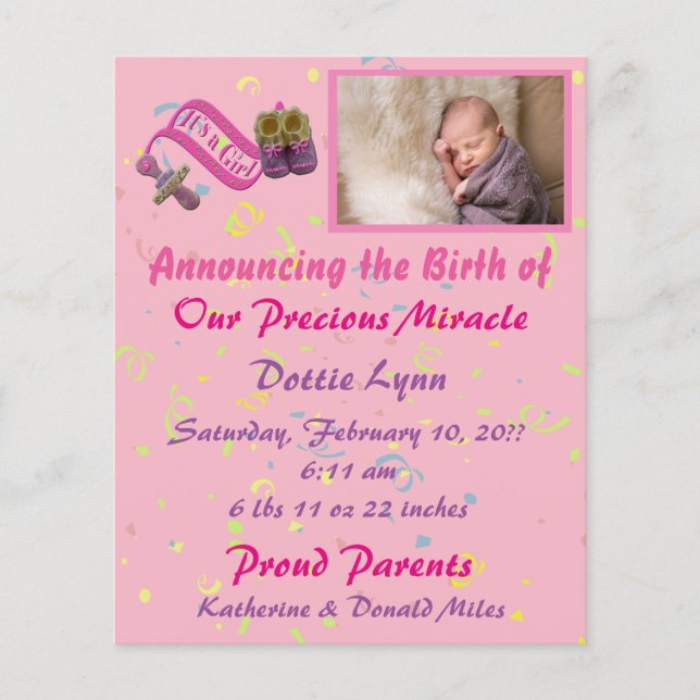 It's a Girl Birth Announcement Flyer (Front)