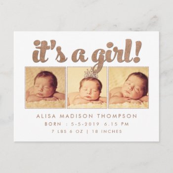 It's A Girl Birth Announcement Photo Postcard by Pip_Gerard at Zazzle
