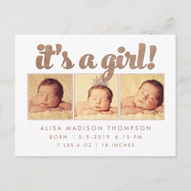 It's a Girl Birth Announcement Photo Postcard (Front)