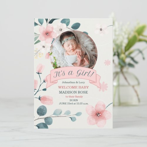 Its a Girl Birth Teal and Peach Blossoms Announcement