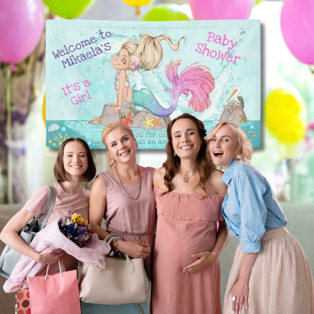 Its a Girl Blonde Teal Pink Mermaid Baby Shower Banner (Creator Uploaded)