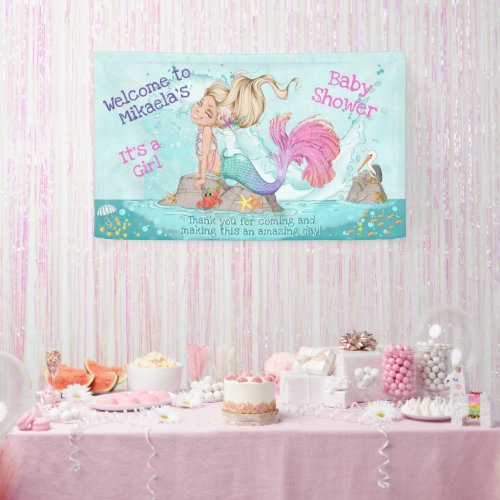 Its a Girl Blonde Teal Pink Mermaid Baby Shower Banner