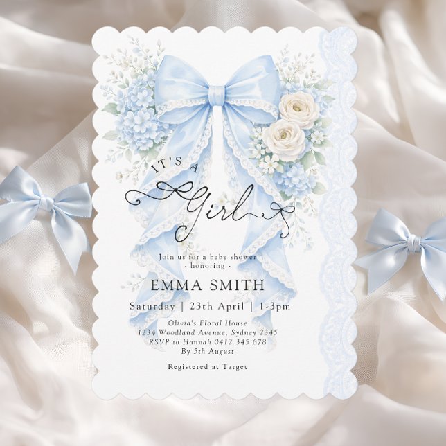 It's a Girl Blue Bow Floral Baby Shower Invitation (Creator Uploaded)