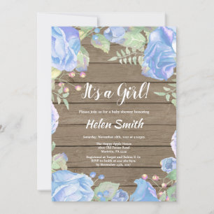 It's A Girl Blue Floral Baby Shower Rustic Wood Invitation