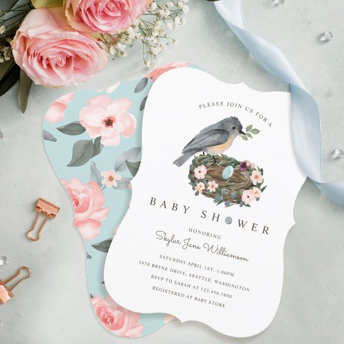 Its A Girl Blue Floral Birds Nest Baby Shower Invitation