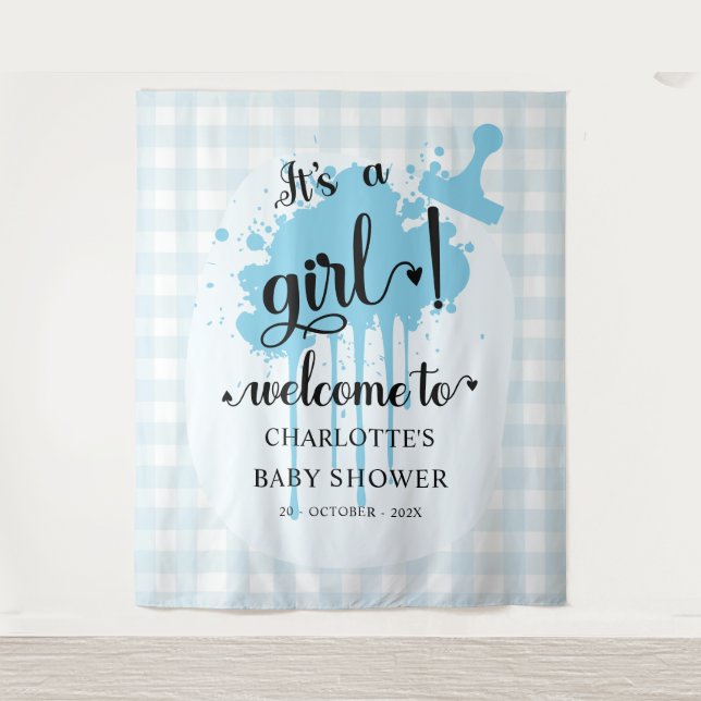 It's a Girl! Blue Gingham Baby Shower Backdrop (Front)