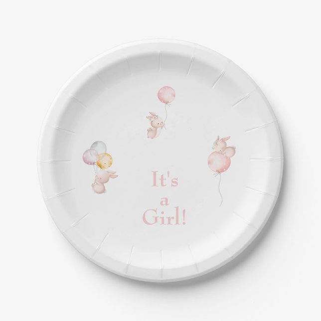 It's a Girl Blush Bunnies Baby Shower Paper Plates (Front)
