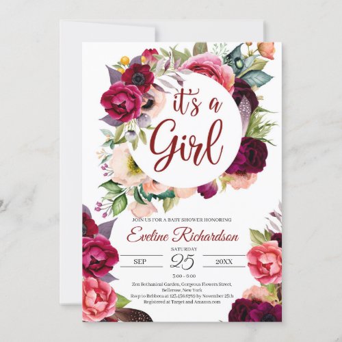 Its a girl blush burgundy and maroon floral baby invitation