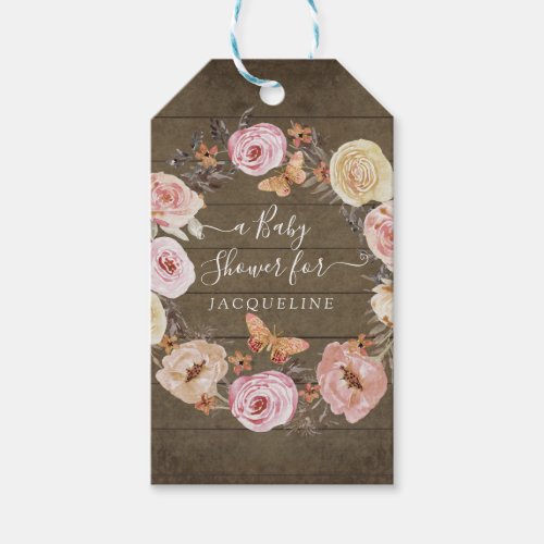 Its a Girl Blush Floral Butterfly Wreath Rustic Gift Tags