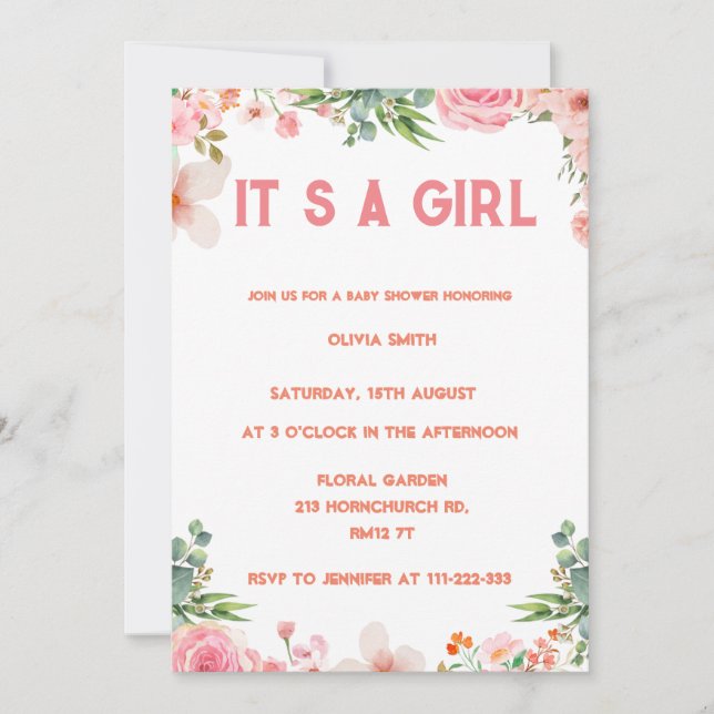  It's a girl  Blush floral gold watercolor Invitation (Front)
