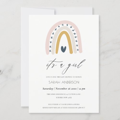 ITS A GIRL BLUSH HEART RAINBOW BABY SHOWER INVITE