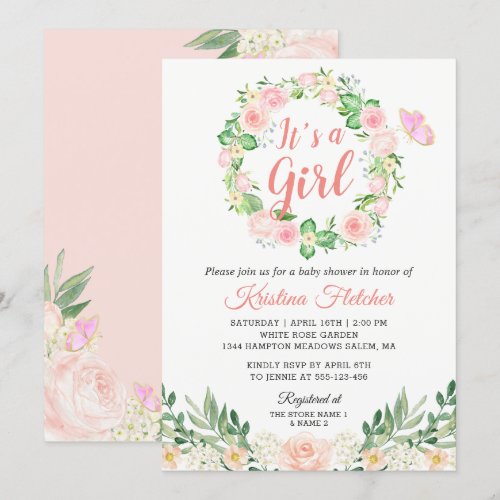It's a Girl Blush Peach Floral Garden Baby Shower Card