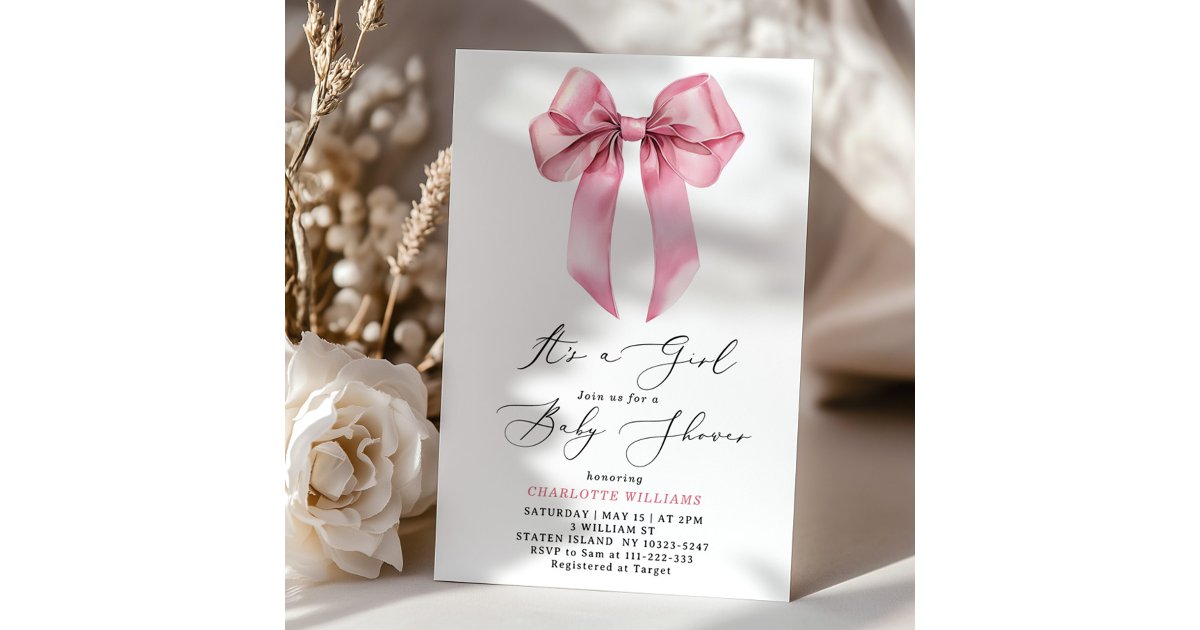 Its a girl Blush pink Bow Baby Shower Invitation | Zazzle