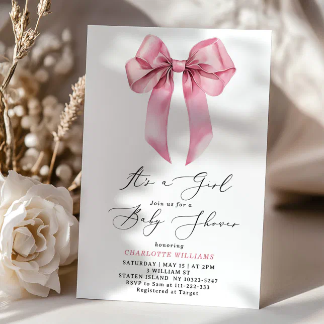 Its a girl Blush pink Bow Baby Shower Invitation | Zazzle