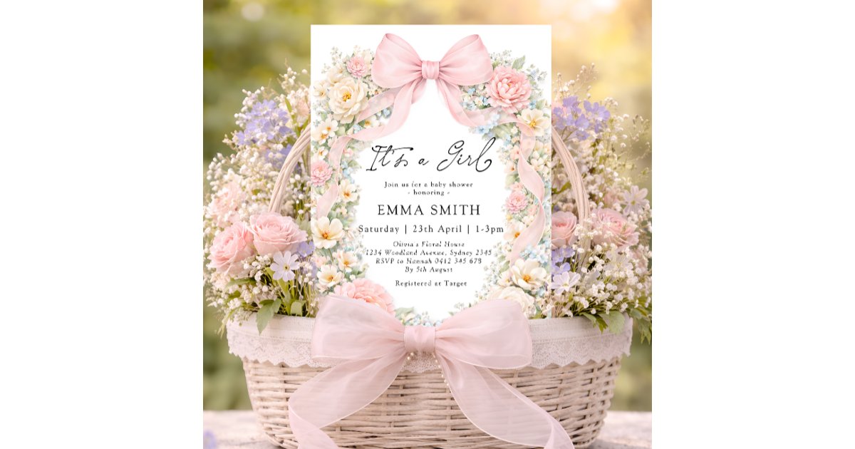It's a Girl Blush Pink Bow Coquette Baby Shower Invitation | Zazzle