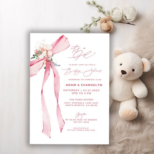 Its A Girl Blush Pink Bow Floral Baby Shower Invitation