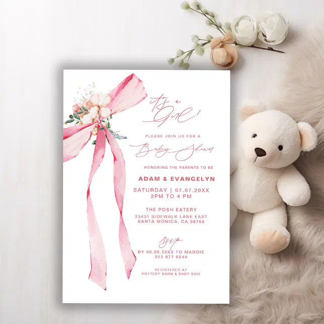 It's A Girl! Blush Pink Bow Floral Baby Shower Invitation | Zazzle