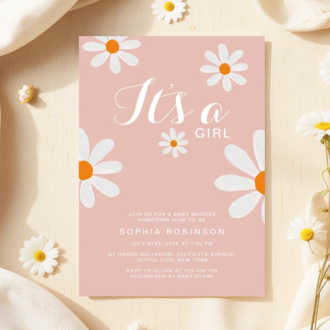 It's a Girl Blush Pink Daisy Flowers Baby Shower Invitation (Creator Uploaded)