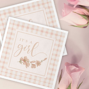 It's a Girl Blush Pink Floral Gingham Baby Shower Napkins