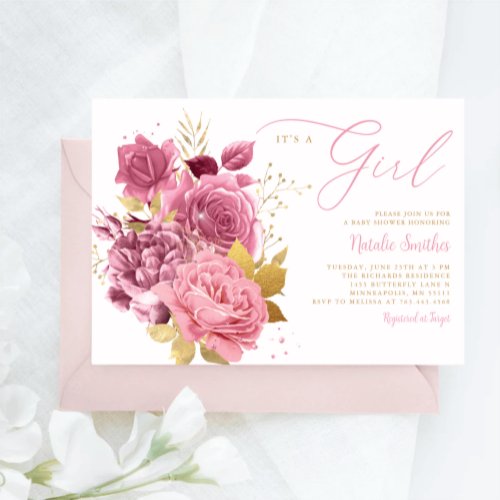 Its A Girl Blush pink gold Floral baby shower Inv Invitation